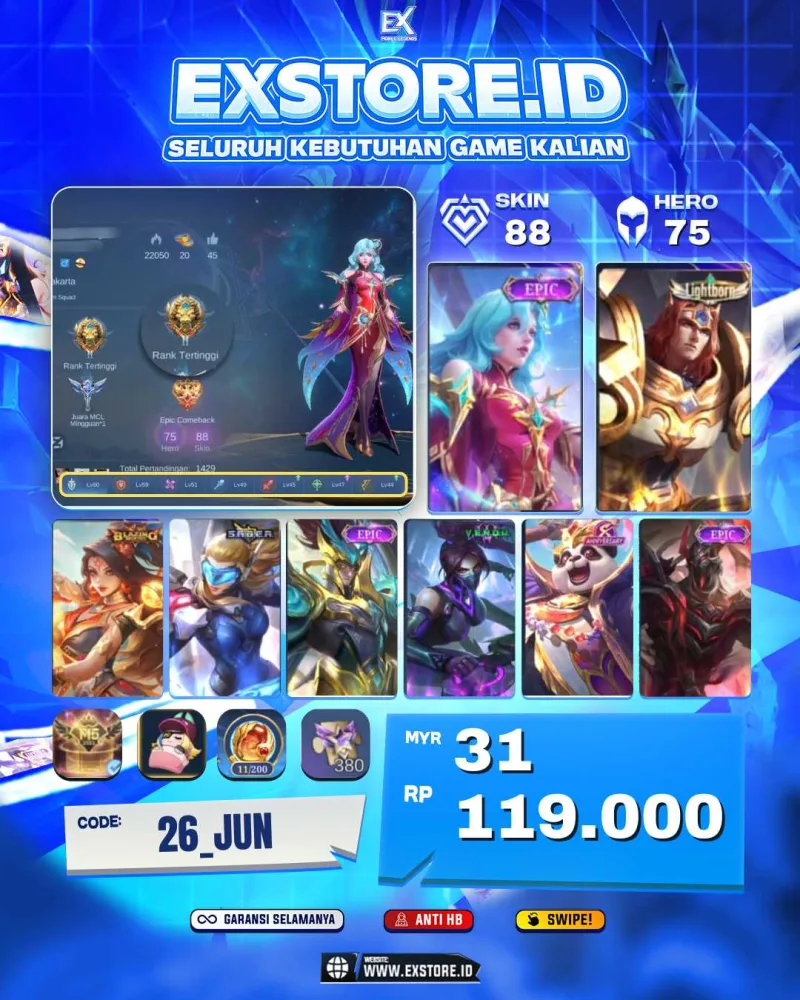 KARMILA EPIC + TIGREAL LIGHTBORN + FREYA EPIC + ZILONG EPIC + HANABI VENOM + AKAI + MOSKOV EPIC
