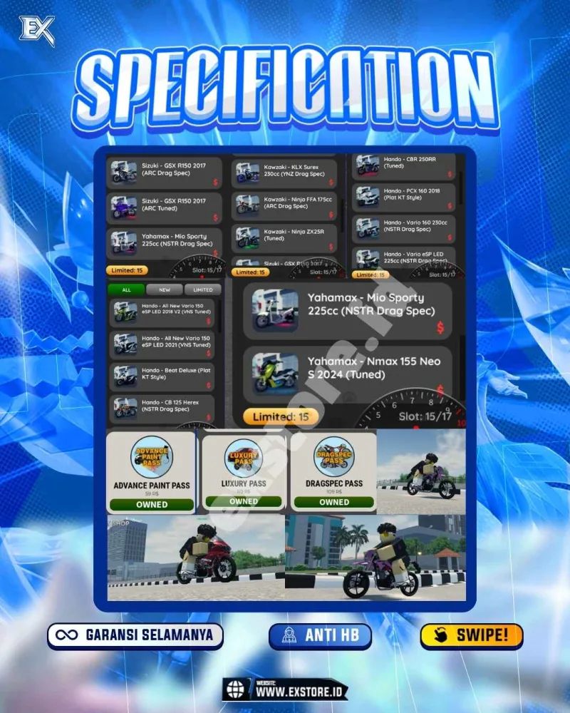 LIMITED CARS 88 + GAMEPASS 3 + DDS 15 LIMITED + GAMEPASS 3