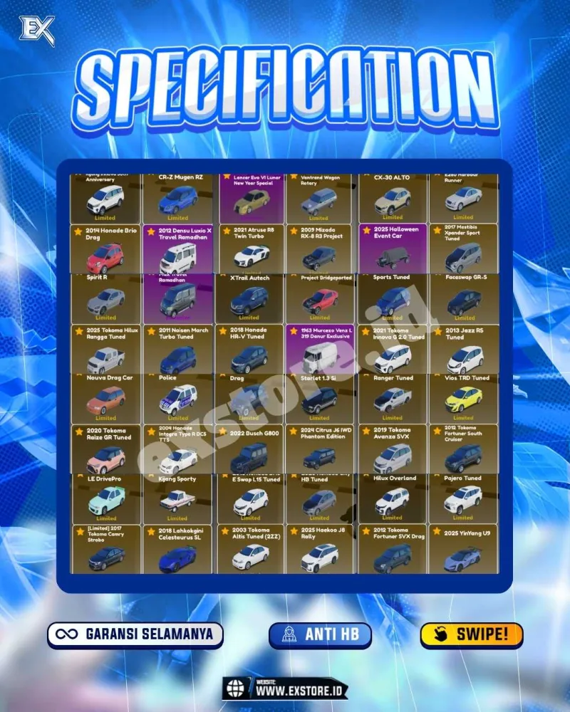 LIMITED CARS 58 + GAMEPASS 3 + DDS MOTOR LIMITED 6 + GAMEPASS 1