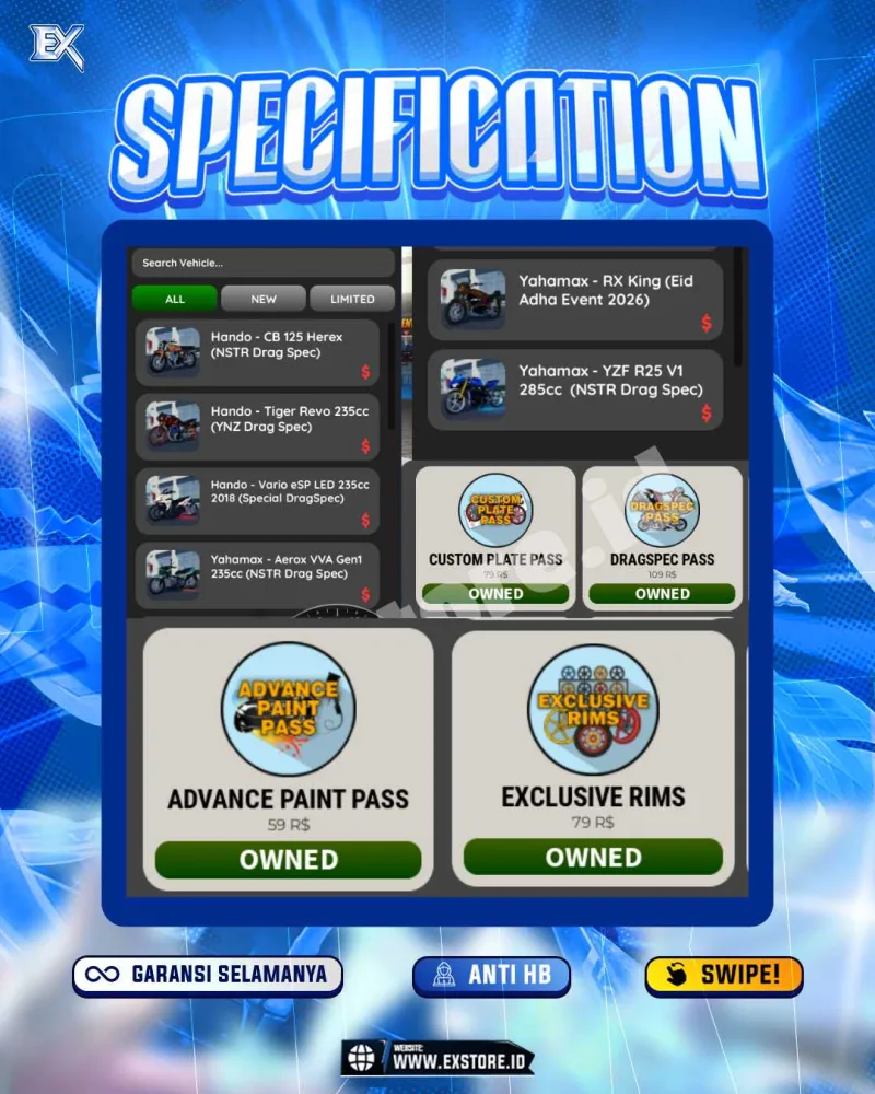 MONEY 165M + MOTOR LIMITED 5 + GAME PASS 3