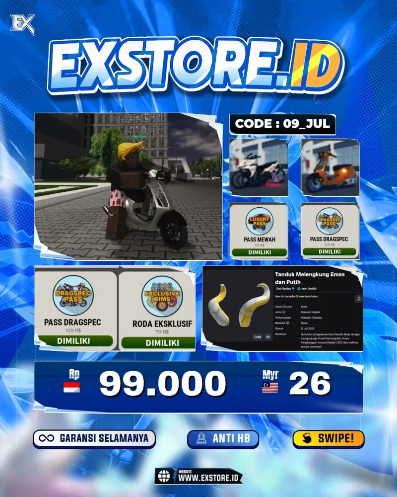 MONEY 15M + MOTOR LIMITED 2 + GAME PASS 3 + AVATAR BEROBUX DAN ACCESSORIES LIMITED