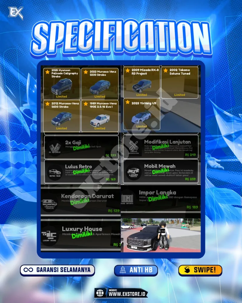 LIMITED CARS 41 + GAMEPASS 7 + DDS LIMITED 10 + GAMEPASS ALL + FISH IT + AVA BEROBUX + 265ROBUX