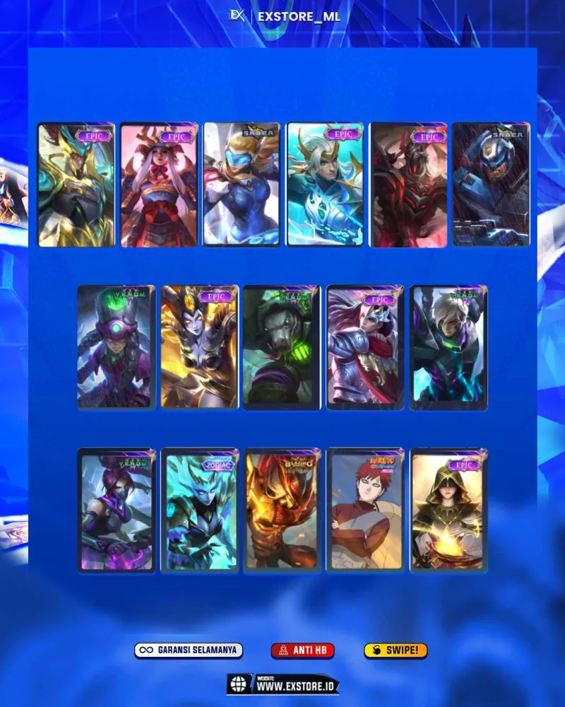 KAGURA STAR + GUINEVERE LUCKYBOX + SELENA LUCKYBOX + MOSKOV LUCKYBOX + THAMUZ KUNGFU PANDA +  KARINA KOF + HAYABUSA STAR + NATALIA COLLECTOR