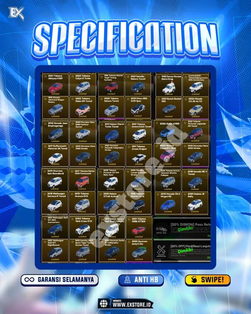 LIMITED CARS 160 + GAMEPASS 6 + DDS 18 LIMITED + GAMEPASS 6