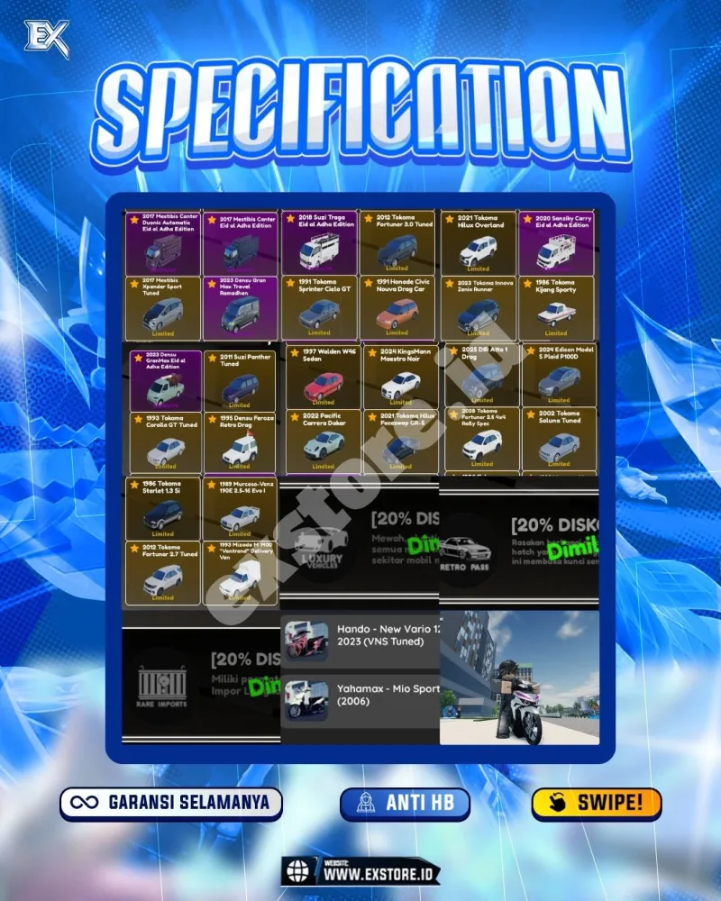 LIMITED CARS 27 + GAMEPASS 3 + DDS