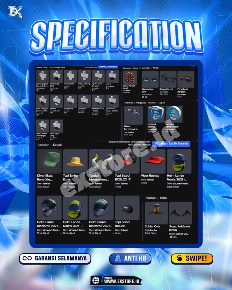 MONEY 15M + MOTOR LIMITED 2 + GAME PASS 3 + AVATAR BEROBUX DAN ACCESSORIES LIMITED