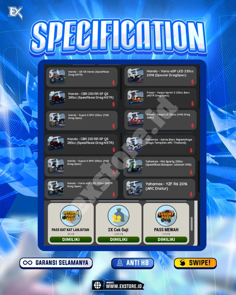 LIMITED CARS 41 + GAMEPASS 7 + DDS LIMITED 10 + GAMEPASS ALL + FISH IT + AVA BEROBUX + 265ROBUX