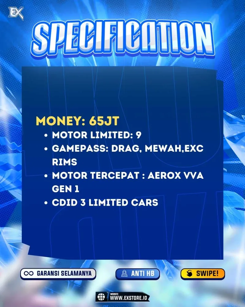 MONEY 65M + MOTOR LIMITED 9 + GAME PASS 3 + CDID 3 LIMITED CARS