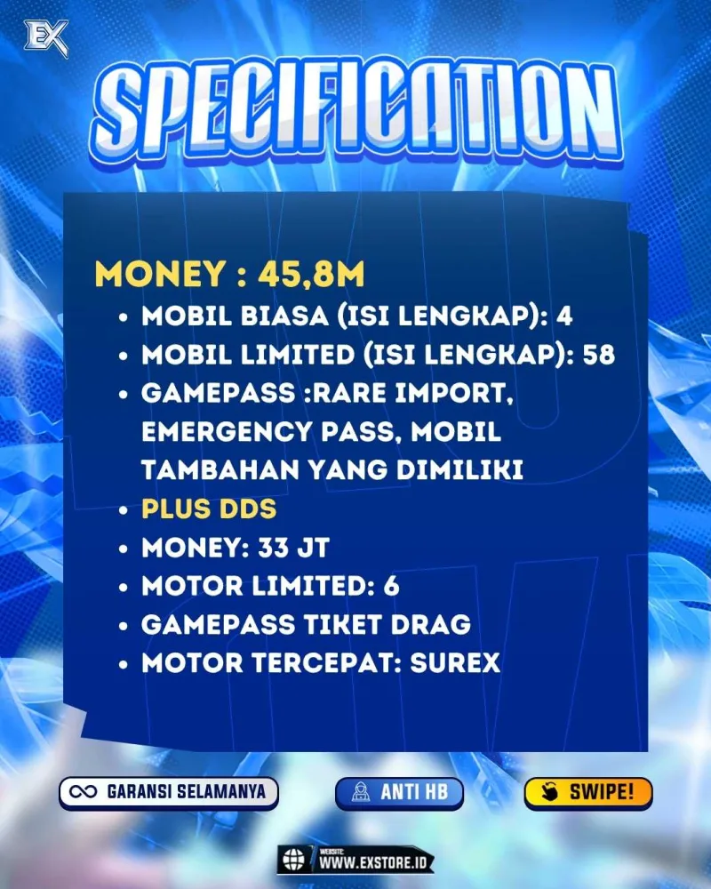 LIMITED CARS 58 + GAMEPASS 3 + DDS MOTOR LIMITED 6 + GAMEPASS 1
