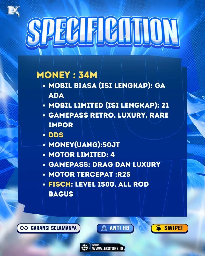 LIMITED CARS 21 + GAMEPASS 3 + DDS MOTOR LIMITED 4 + GAMEPASS 2 + FISCH LEVEL 1500