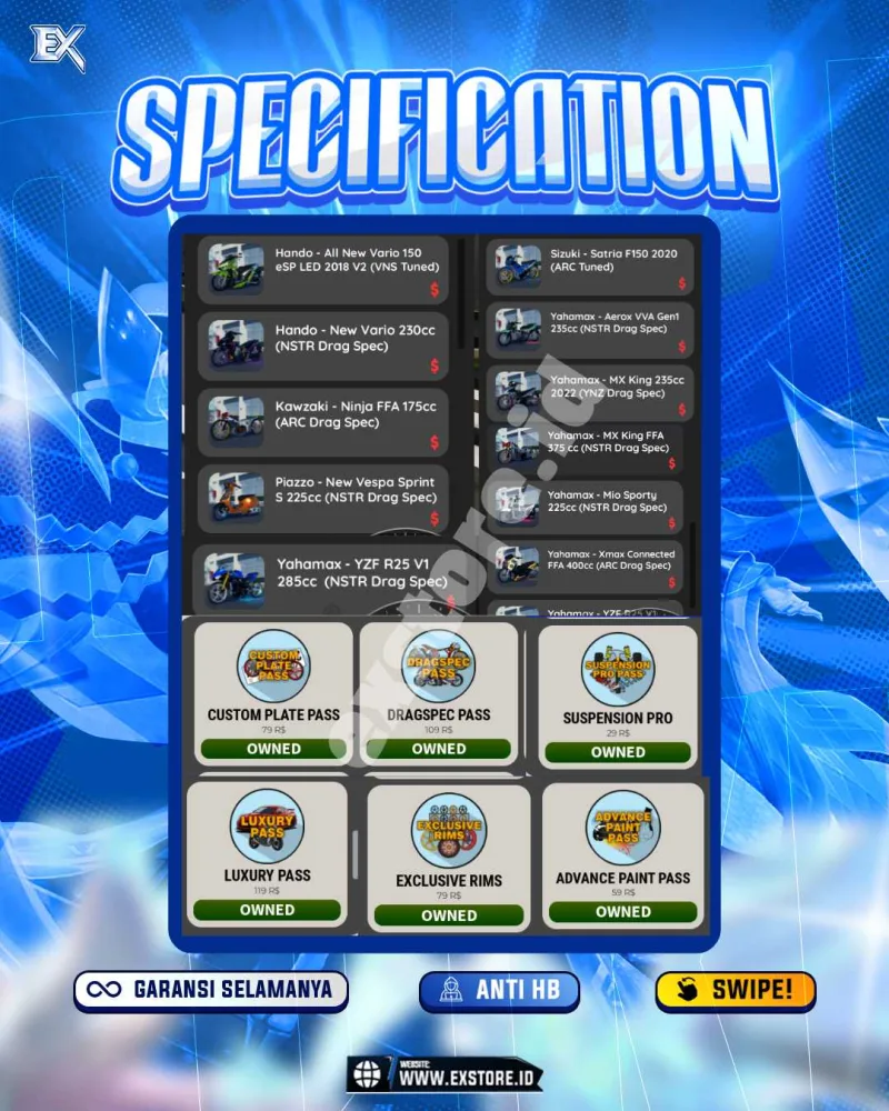 MONEY 120M + MOTOR LIMITED 11 + GAME PASS 3