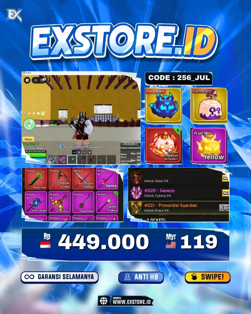 PERMANENT KITSUNE DOUGH PAIN PORTAL LIGHTNING LIGHTNING + SKIN EMYREAN & YELLOW + V4 DRACO + LEVIATHAN HEART 8 DAN INSTINCT V2