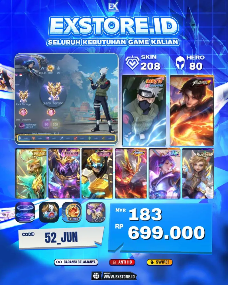 HAYABUSA KAKASHI + VALIR KOF + GRANGER PRIME + SABER LUCKYBOX + JHOSON LUCKYBOX + MOSKOV ALLSTAR + HANABI  ALSTAR