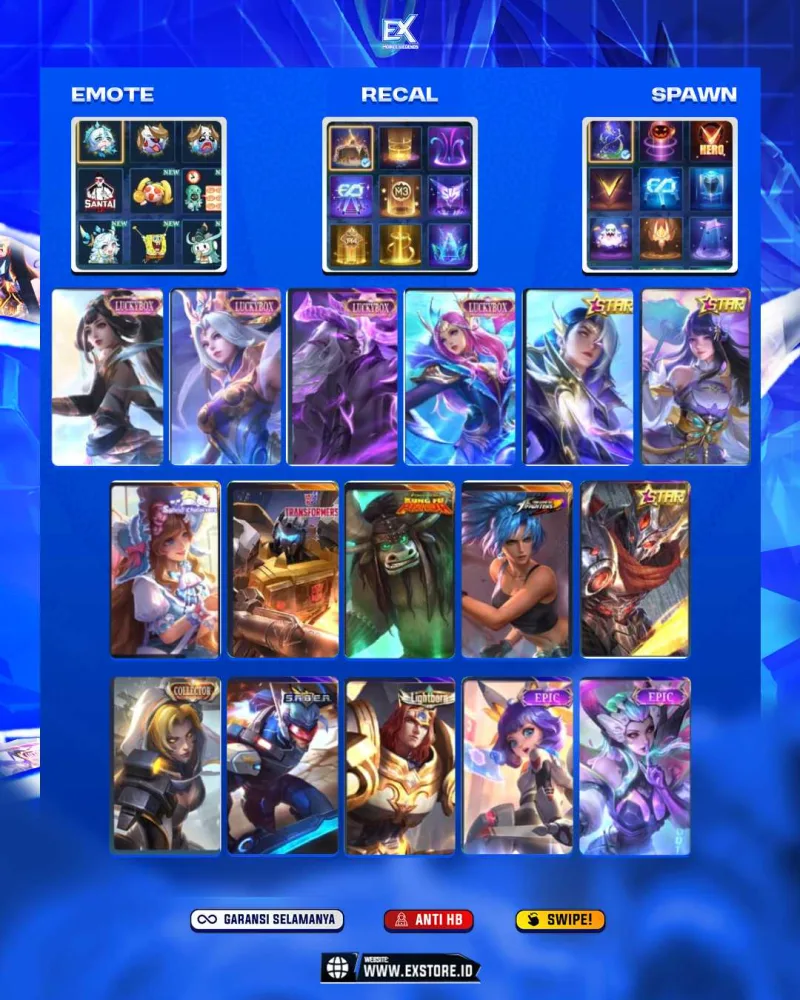 KAGURA STAR + GUINEVERE LUCKYBOX + SELENA LUCKYBOX + MOSKOV LUCKYBOX + THAMUZ KUNGFU PANDA +  KARINA KOF + HAYABUSA STAR + NATALIA COLLECTOR