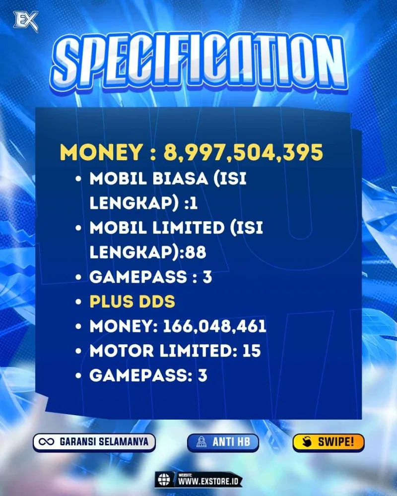 LIMITED CARS 88 + GAMEPASS 3 + DDS 15 LIMITED + GAMEPASS 3