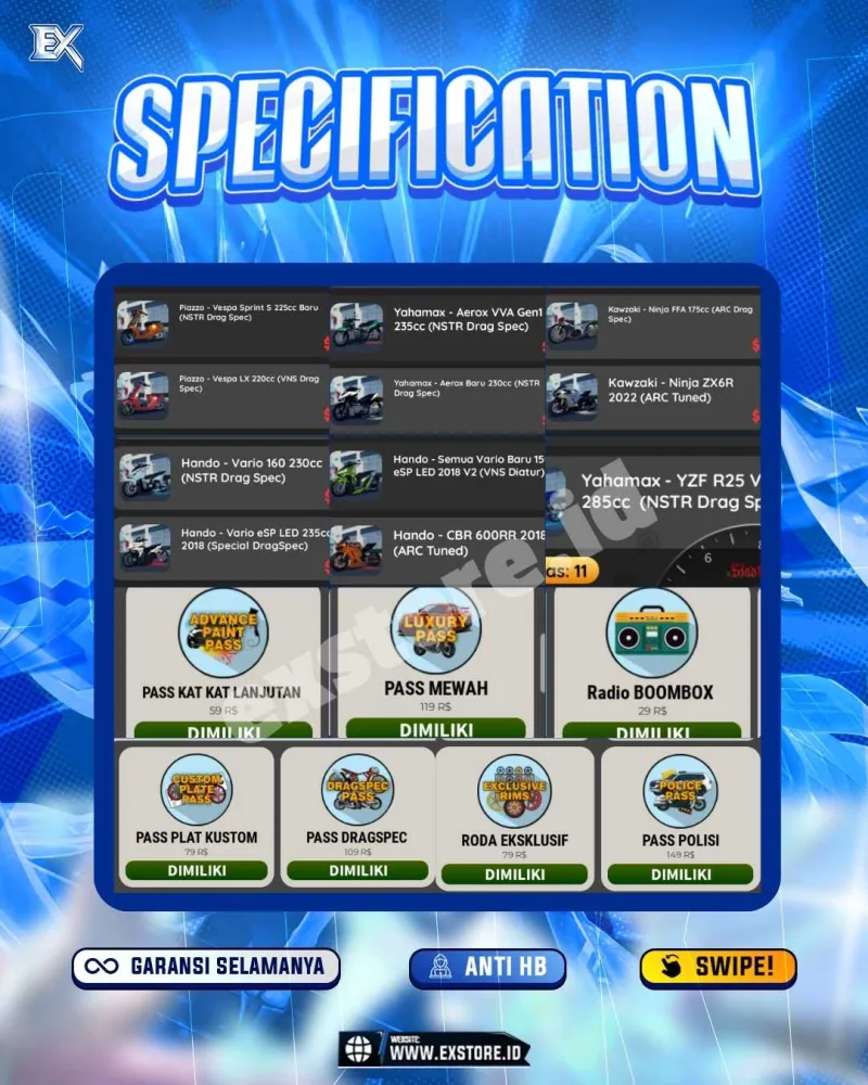 MONEY 30M + MOTOR LIMITED 11 + GAME PASS 7