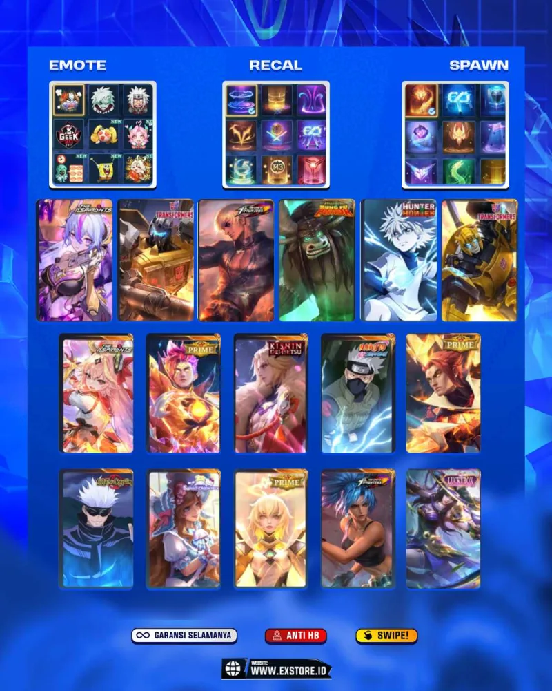 LANCELOT KHISIN + LUNOX LEGEND + ALUCARD LEGEND + GOJO XAVIER + GUSION KOF +  H YU ZHONG PRIME + CLAUDE PRIME ARIT KILUA + GUINEVER ASPIRANTS + HAYABUSA KAKASI +