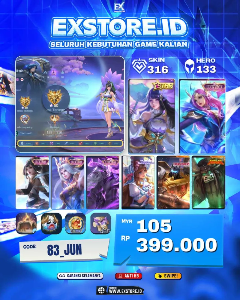KAGURA STAR + GUINEVERE LUCKYBOX + SELENA LUCKYBOX + MOSKOV LUCKYBOX + THAMUZ KUNGFU PANDA +  KARINA KOF + HAYABUSA STAR + NATALIA COLLECTOR