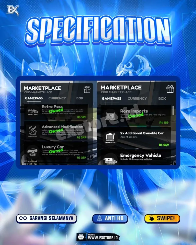 LIMITED CARS 33 + GAMEPASS 4