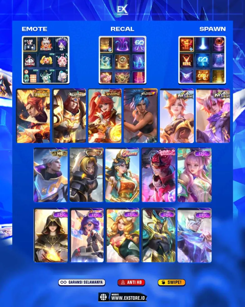 YU ZHONG PRIME + LAYLA BLAZING + KARINA KOF + CLAUDE M6 + NATALIA COLLECTOR + LUNOX EPIC + ZILONG EPIC + GUSION EPIC