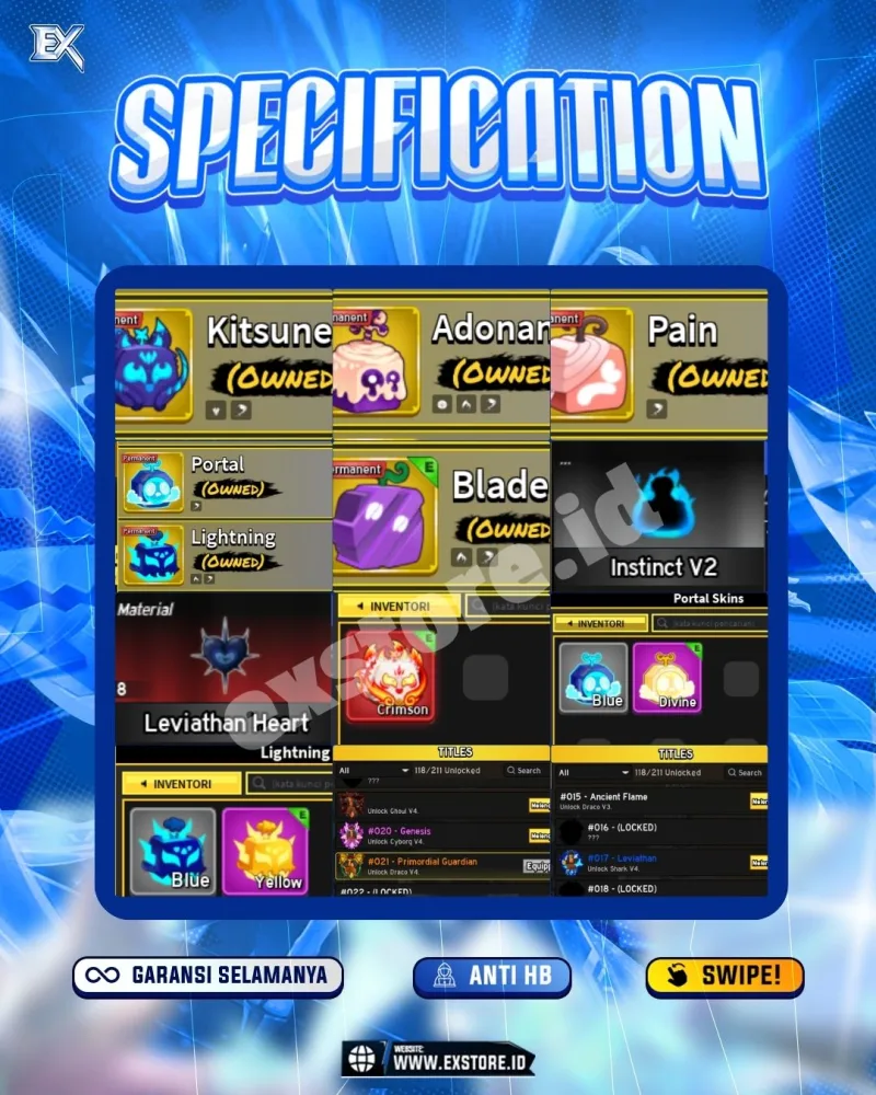 PERMANENT KITSUNE DOUGH PAIN PORTAL LIGHTNING LIGHTNING + SKIN EMYREAN & YELLOW + V4 DRACO + LEVIATHAN HEART 8 DAN INSTINCT V2
