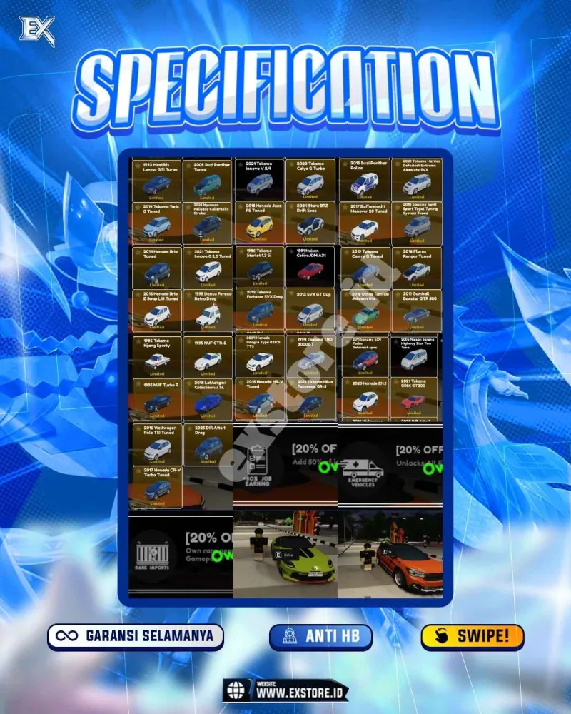LIMITED CARS 88 + GAMEPASS 3 + DDS 15 LIMITED + GAMEPASS 3