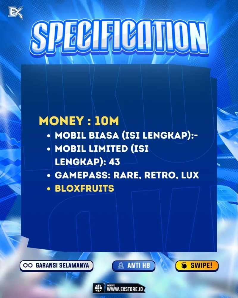 LIMITED CARS 43 + GAMEPASS 3 + BLOXFRUITS