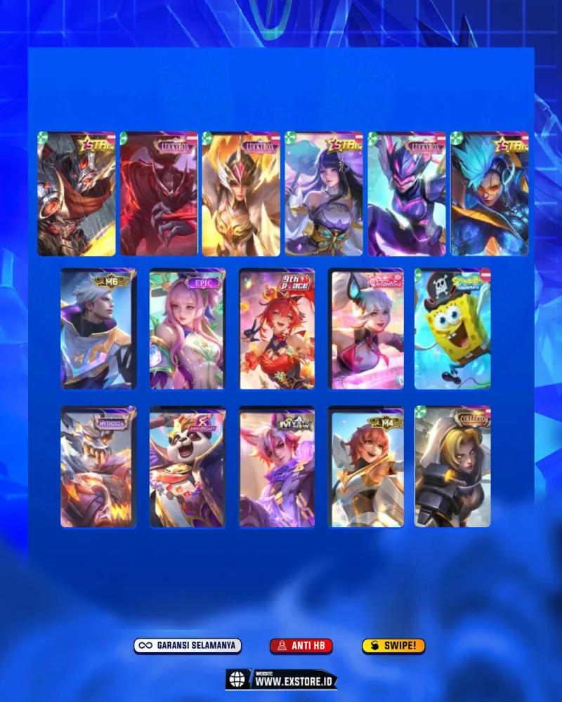 LANCELOT KHISIN + LUNOX LEGEND + ALUCARD LEGEND + GOJO XAVIER + GUSION KOF +  H YU ZHONG PRIME + CLAUDE PRIME ARIT KILUA + GUINEVER ASPIRANTS + HAYABUSA KAKASI +