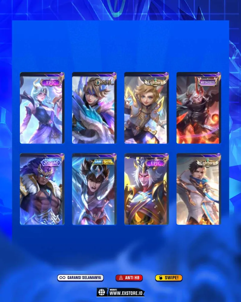 LANCELOT KHISIN + LUNOX LEGEND + ALUCARD LEGEND + GOJO XAVIER + GUSION KOF +  H YU ZHONG PRIME + CLAUDE PRIME ARIT KILUA + GUINEVER ASPIRANTS + HAYABUSA KAKASI +
