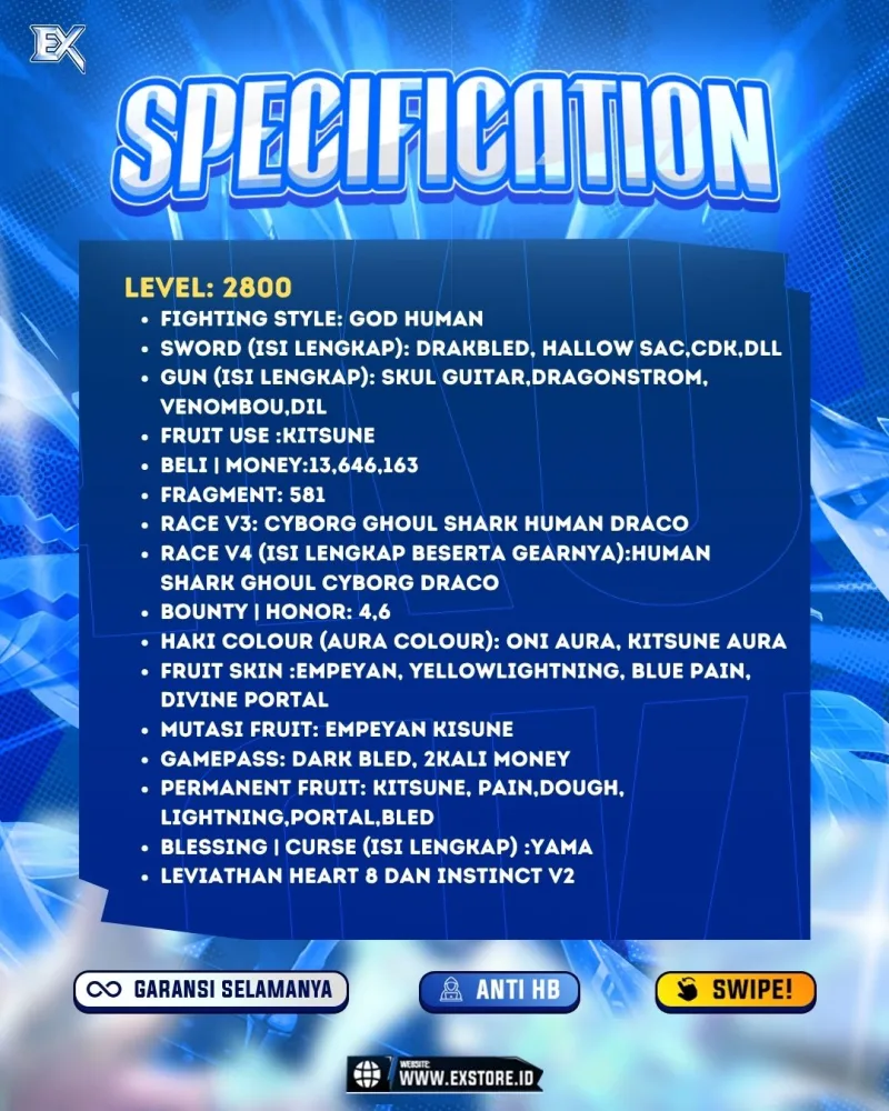 PERMANENT KITSUNE DOUGH PAIN PORTAL LIGHTNING LIGHTNING + SKIN EMYREAN & YELLOW + V4 DRACO + LEVIATHAN HEART 8 DAN INSTINCT V2