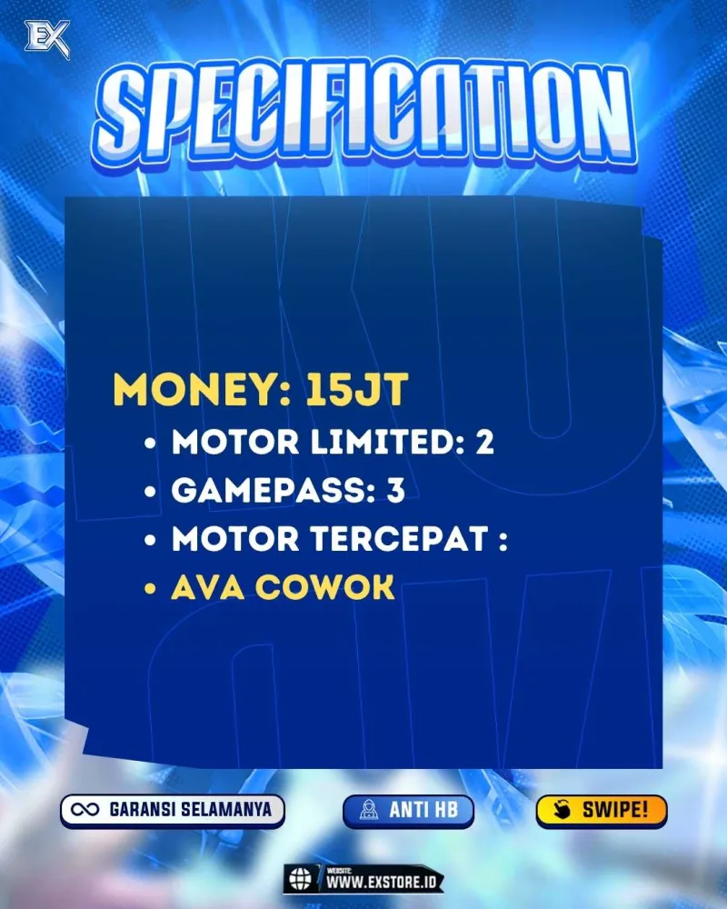 MONEY 15M + MOTOR LIMITED 2 + GAME PASS 3 + AVATAR BEROBUX DAN ACCESSORIES LIMITED