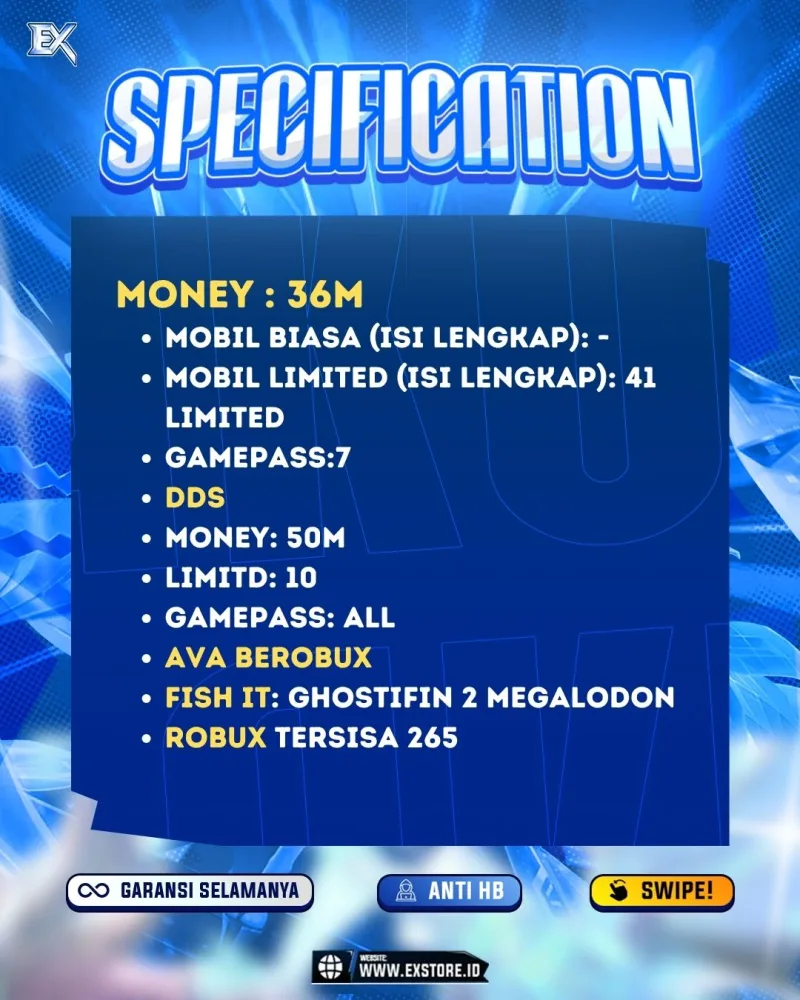 LIMITED CARS 41 + GAMEPASS 7 + DDS LIMITED 10 + GAMEPASS ALL + FISH IT + AVA BEROBUX + 265ROBUX