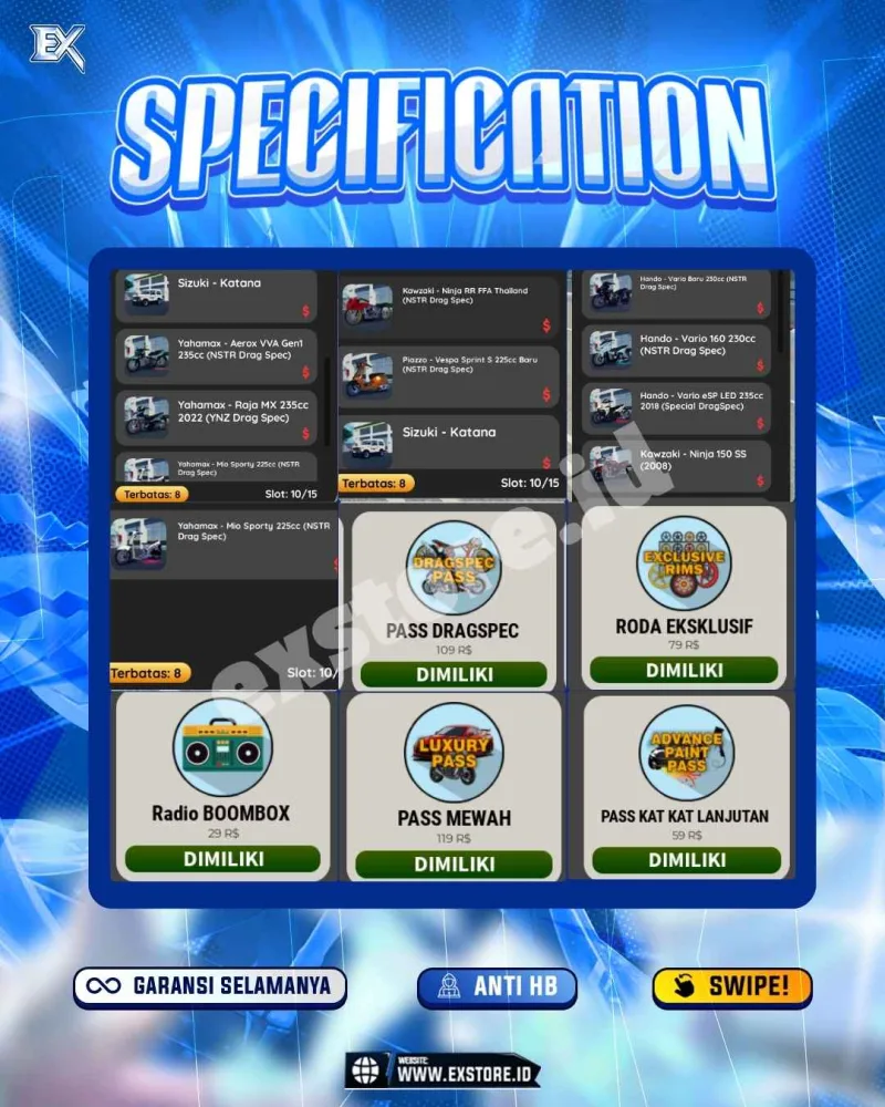 MONEY 120M + MOTOR LIMITED 8 + GAME PASS 5
