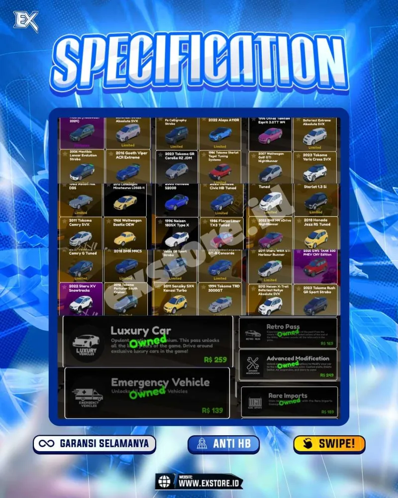 LIMITED CARS 28 + GAMEPASS 5