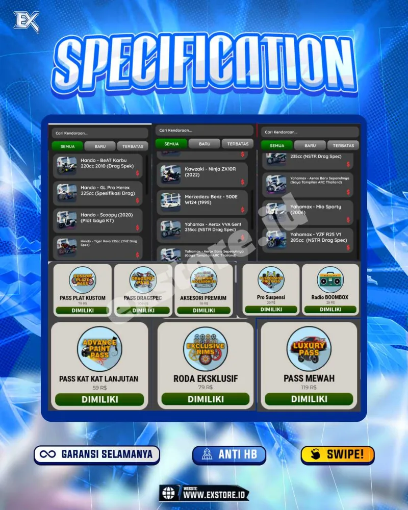 MONEY 100M + MOTOR LIMITED 5 + GAME PASS 8