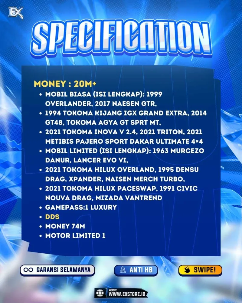 LIMITED CARS 23+ GAMEPASS 1 + DDS MOTOR LIMITED 1 + GAMEPASS 1