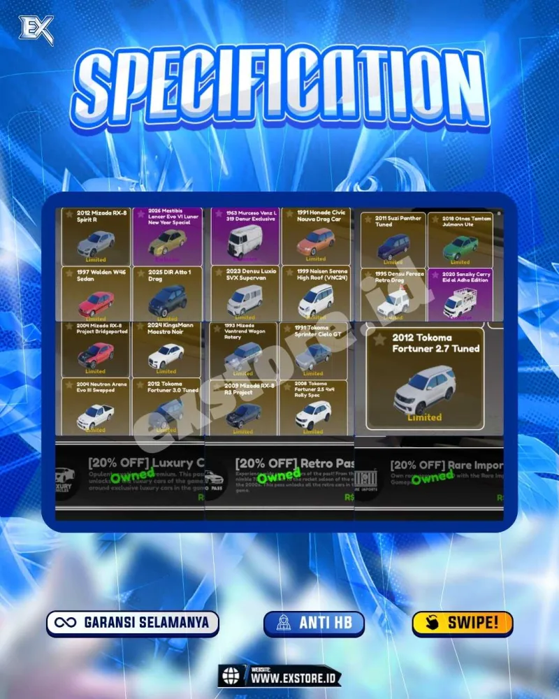 LIMITED CARS 21 + GAMEPASS 3 + DDS MOTOR LIMITED 4 + GAMEPASS 2 + FISCH LEVEL 1500