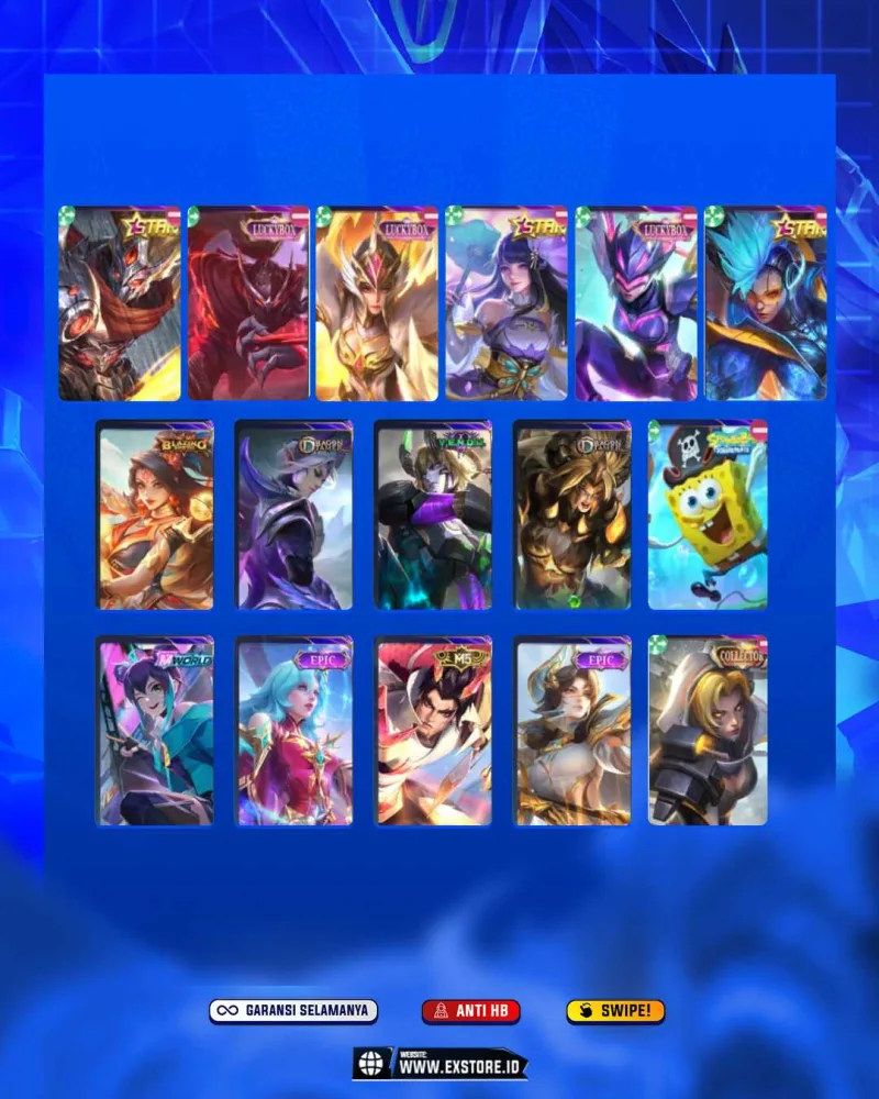 LANCELOT KHISIN + LUNOX LEGEND + ALUCARD LEGEND + GOJO XAVIER + GUSION KOF +  H YU ZHONG PRIME + CLAUDE PRIME ARIT KILUA + GUINEVER ASPIRANTS + HAYABUSA KAKASI +