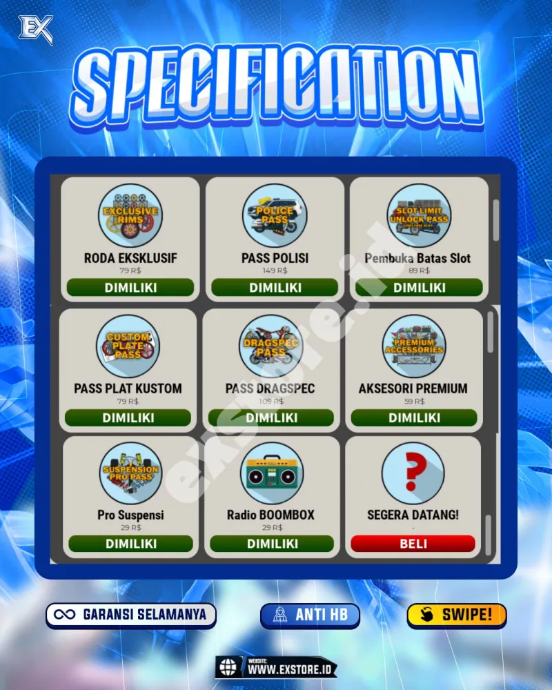 LIMITED CARS 41 + GAMEPASS 7 + DDS LIMITED 10 + GAMEPASS ALL + FISH IT + AVA BEROBUX + 265ROBUX