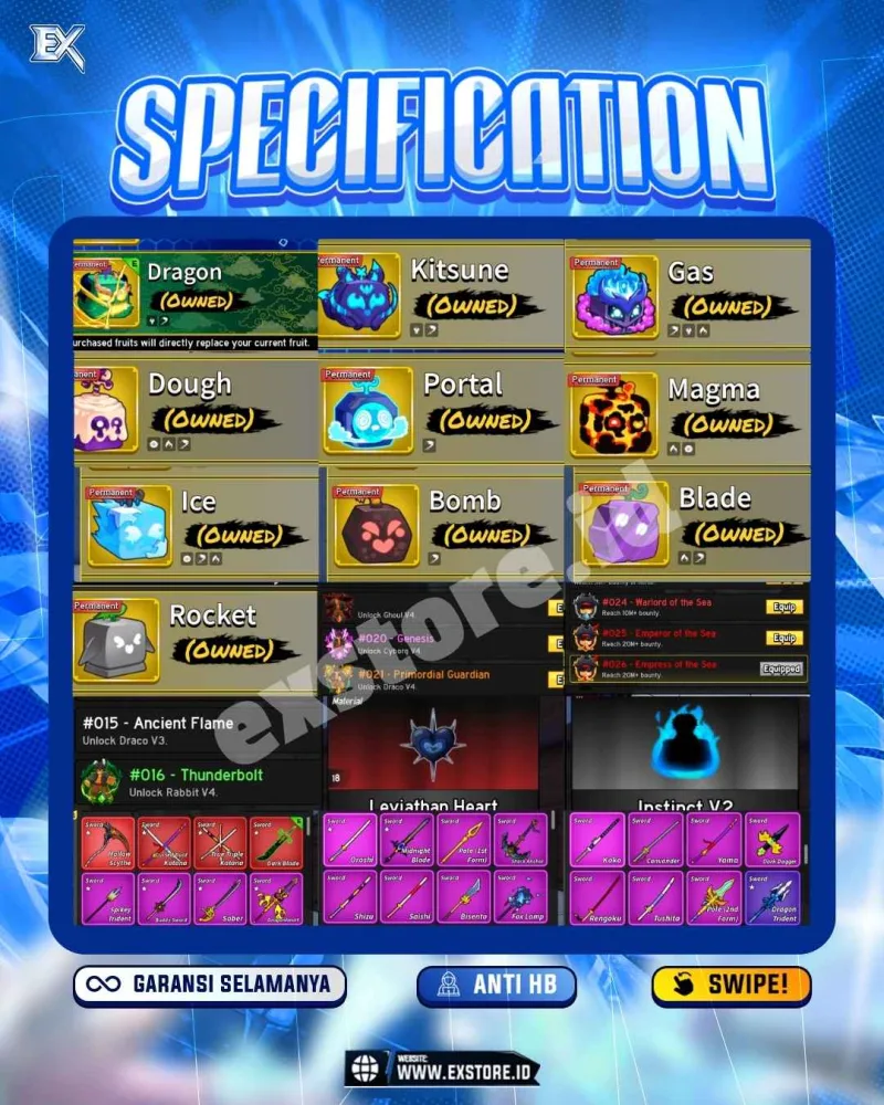 BOUNTY 30M + PERMANENT DRAGON KITSUNE GAS DOUGH PORTAL MAGMA ICE + V4 DRACO + 18 LEVI HEART + ACCESSORIES LIMITED