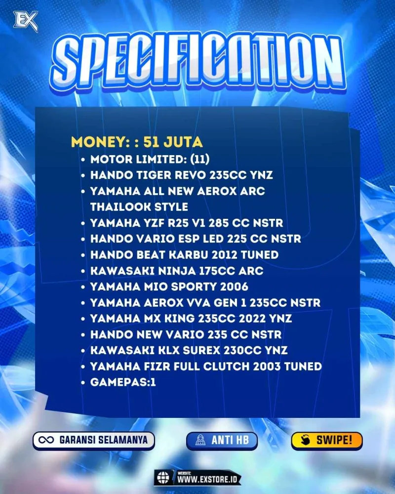 MONEY 51M + MOTOR LIMITED 11 + GAME PASS 1