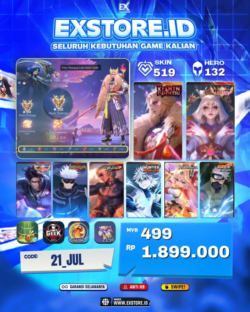 LANCELOT KHISIN + LUNOX LEGEND + ALUCARD LEGEND + GOJO XAVIER + GUSION KOF +  H YU ZHONG PRIME + CLAUDE PRIME ARIT KILUA + GUINEVER ASPIRANTS + HAYABUSA KAKASI +