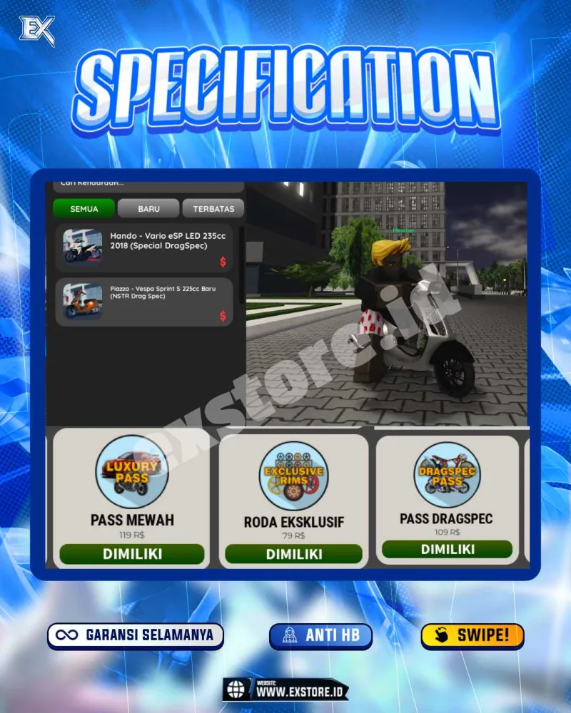 MONEY 15M + MOTOR LIMITED 2 + GAME PASS 3 + AVATAR BEROBUX DAN ACCESSORIES LIMITED