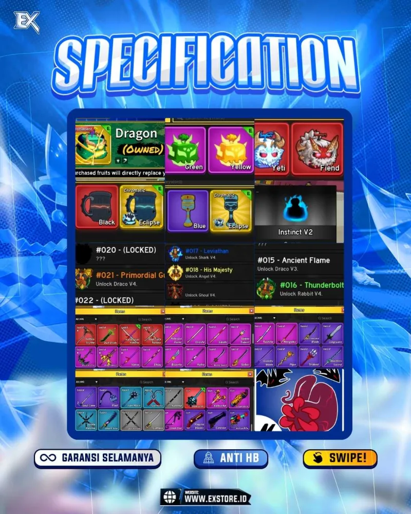 SANGUINE ART + PERMANENT DRAGON + SKIN ECLIPSE CHROMATIC + V4 (6) DRACO + CDK TTK HS  DARK BLADE + SKIN YELLOW LIGHTNING MUTASI FIEND YETI  + AVA BEROBUX