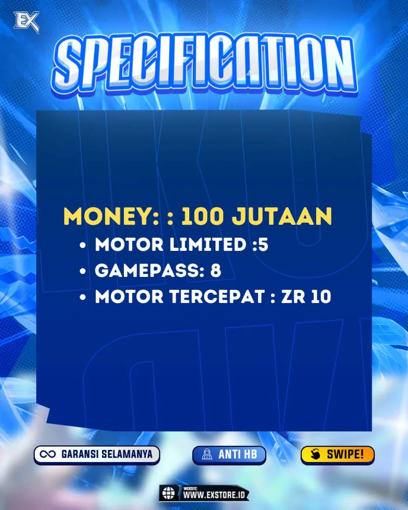 MONEY 100M + MOTOR LIMITED 5 + GAME PASS 8