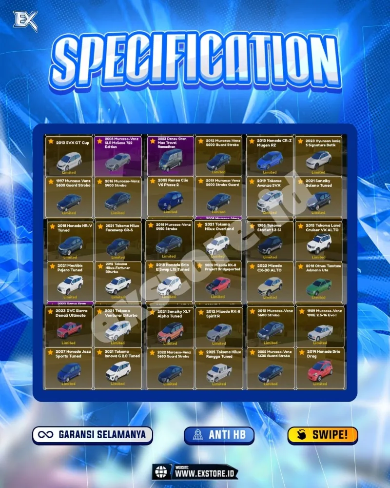 LIMITED CARS 41 + GAMEPASS 7 + DDS LIMITED 10 + GAMEPASS ALL + FISH IT + AVA BEROBUX + 265ROBUX